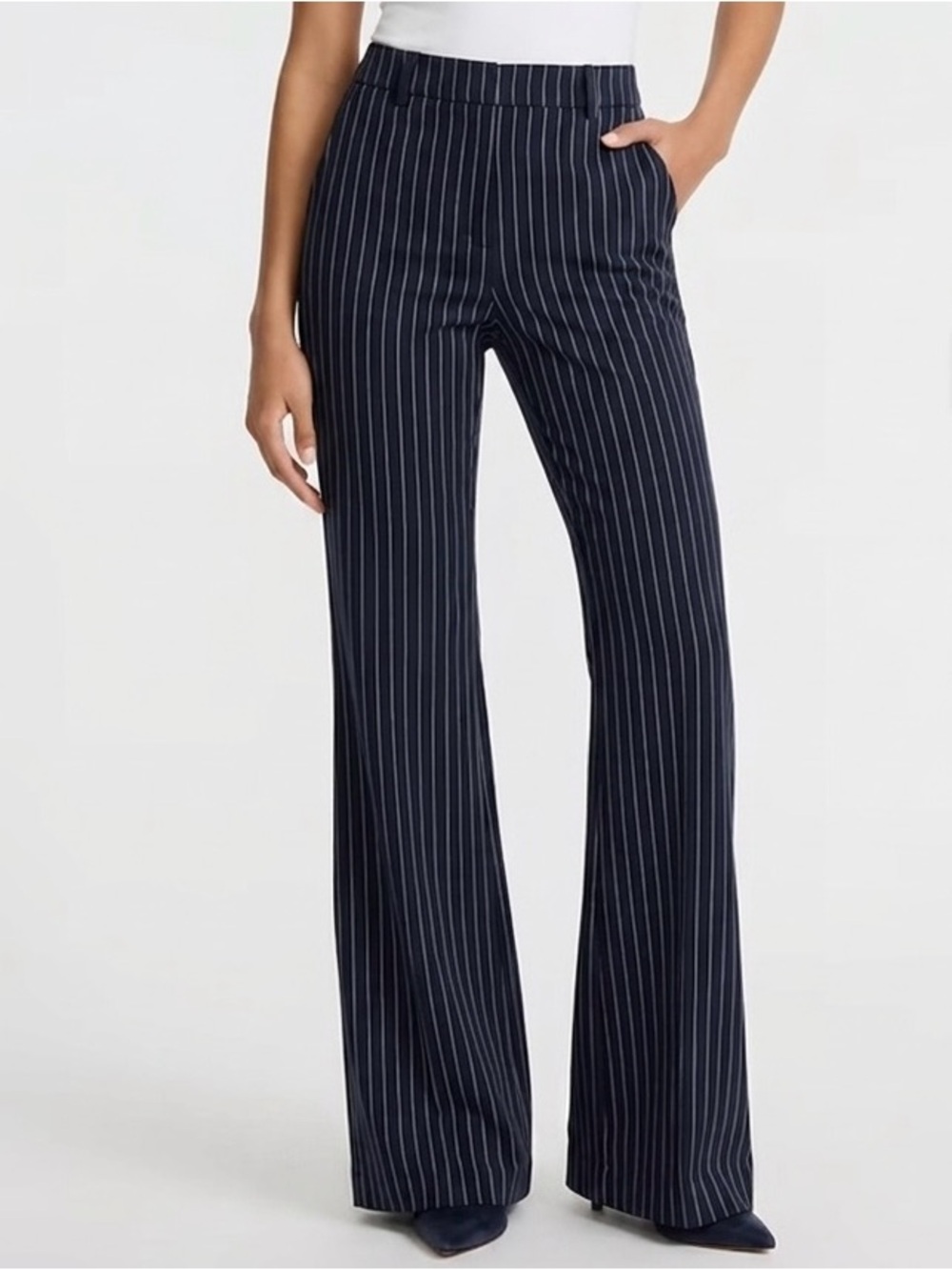 Express Navy Pinstriped editor flare trouser high rise